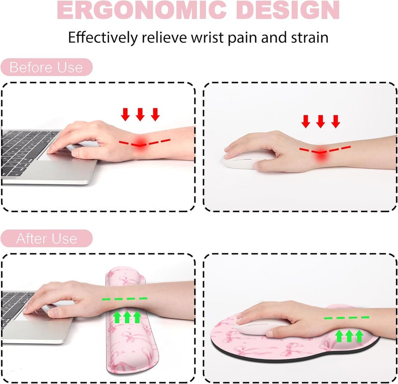 JIGOO Ergonomic Mouse Pad with Wrist Rest and Keyboard Wrist Rest, Mousepad and Wrist Rest for Computer Keyboard, Non-Slip Rubber Base, Mouse Pad Wrist Support for Gaming, Pink Bow - Image 2